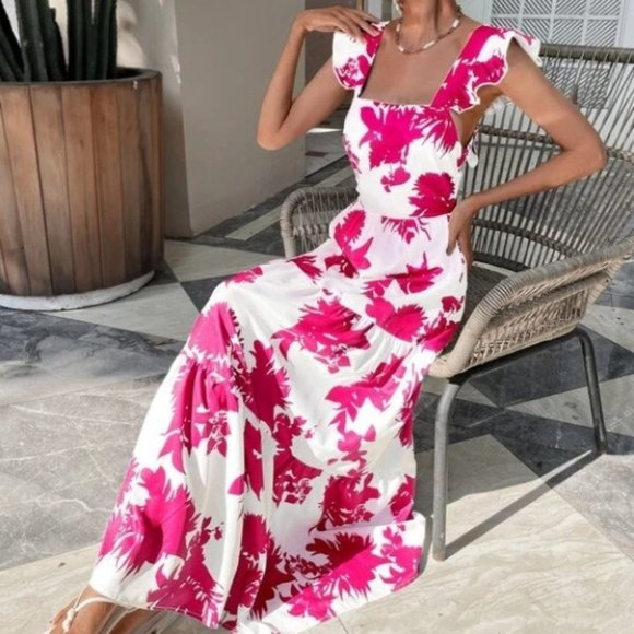 pink floral butterfly sleeve ruffle hem tie back dress - Picture 3 of 8